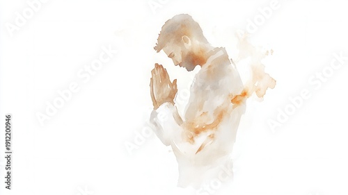 Man with eyes closed and hands clasped, expressing prayer, hope, and watercolor artwork spirituality