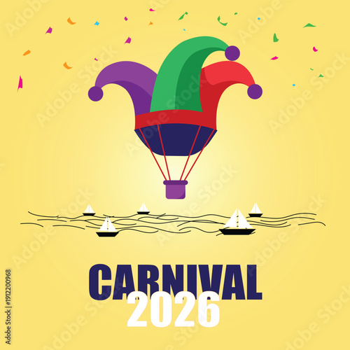 Carnival 2026 hot air balloon festival with confetti and sailing boats on water
