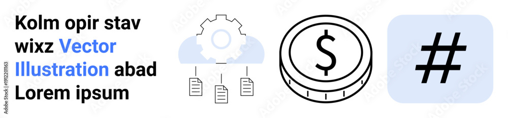 Fototapeta premium Gear connecting document icons, dollar coin, and metadata tag symbol. Ideal for innovation, finance, strategy, branding, social media, digital marketing simple landing page