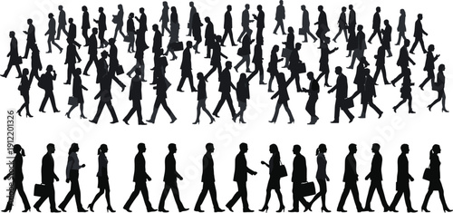 Walking people silhouettes crowd, business men women commuters movement urban life vector set