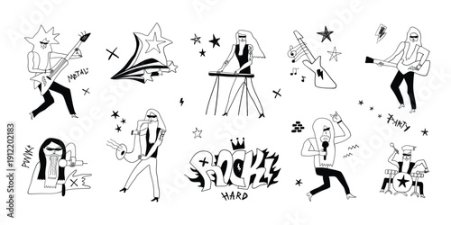 Punk rock musical band doodle illustration , hand drawn playing musicians sketch style