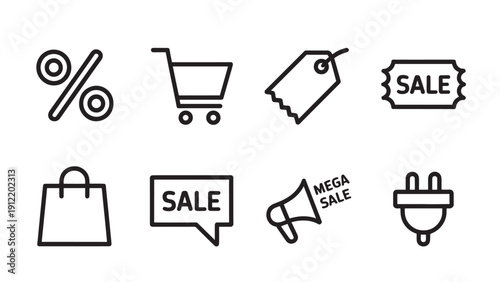 Shopping and sales icons set featuring discount, cart, tag, sale ticket, bag, speech bubble, megaphone, and plug.