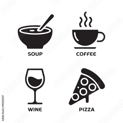 Food Icons with Labels: Hot Soup, Coffee, Wine and Cheesy Pizza for Restaurant Promotions