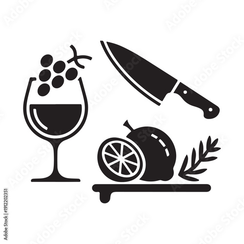 Elegant Food and Drink Icons: Wine Glass with Grapes, Chef Knife, Lemon Slice and Olive Branch
