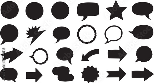 A collection of various shapes and symbols used in speech bubbles and icons isolated on white background, 