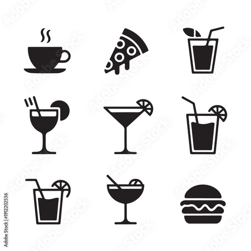 Wallpaper Mural Diverse collection of food and drink icons: hot coffee, pizza slice, cocktails, and a burger, ideal for restaurant and bar advertising. Torontodigital.ca