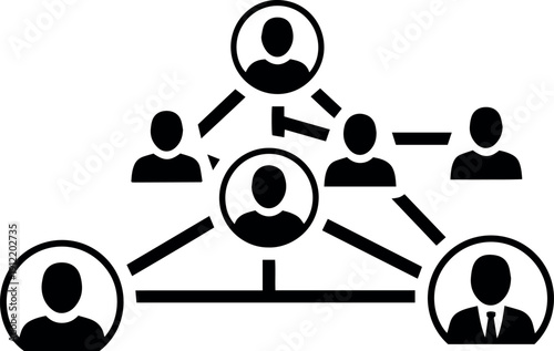 Hierarchical organizational structure with interconnected individuals at various levels isolated on white background, 