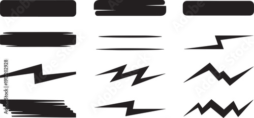 A collection of various lightning bolt and rectangular shapes in black and white isolated on white background,