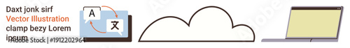 Language translation, cloud storage, technology services, remote work, digital tools, modern communication. Visuals include a language translation icon, cloud outline and laptop. Language