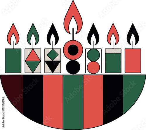 Seven lit candles with geometric patterns on a striped base