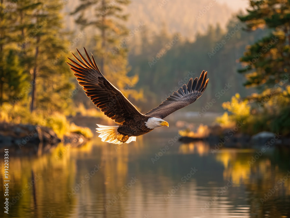 custom made wallpaper toronto digitalBald eagle flying over scenic lake with golden forest reflection in warm sunset light