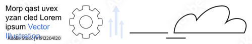 Cloud computing, data processing, technology, digital innovation, connectivity, information storage. Gear and cloud icon with upward arrows. Cloud computing and data processing concept