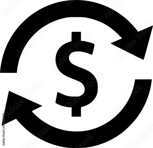 Black and white icon of the dollar symbol surrounded by two arrows forming a circle and representing money turnover
