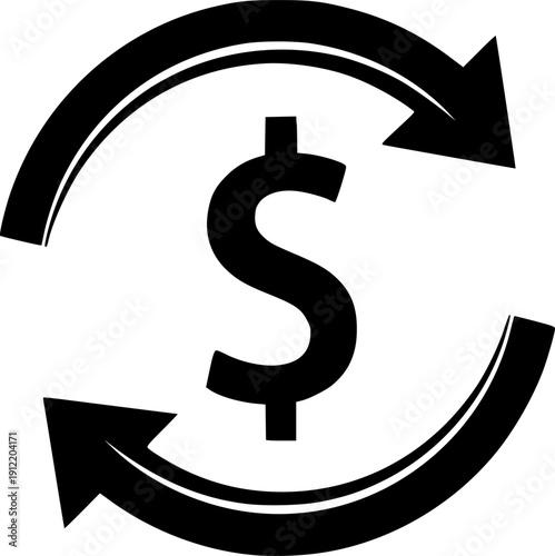 Black and white icon of the dollar symbol surrounded by two arrows forming a circle and representing money turnover
