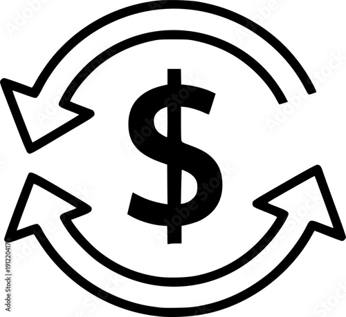 Black and white icon of the dollar symbol surrounded by two arrows forming a circle and representing money turnover
