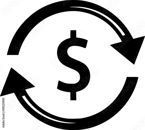 Black and white icon of the dollar symbol surrounded by two arrows forming a circle and representing money turnover
