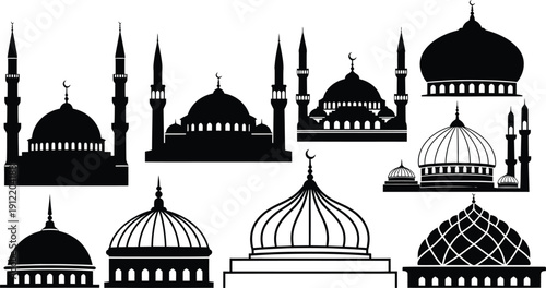 Mosque silhouettes and domes vector illustration set. Islamic architecture icons for religious design and Ramadan celebration.