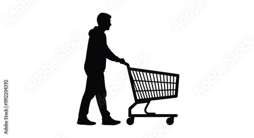 Silhouette of a man pushing a shopping cart on a white background