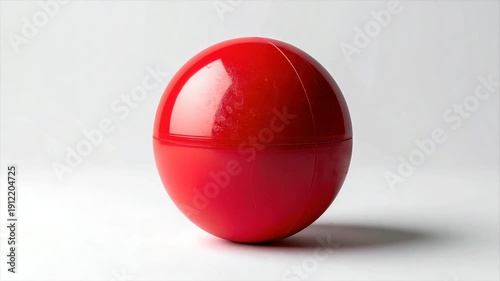A bright red, two-piece plastic sphere on a white background, with slight scuffs