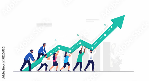 Business professionals collaborating to push a large green arrow upwards, symbolizing growth and success in a corporate environment from a front viewpoint