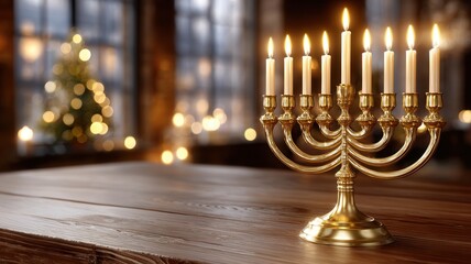 Golden menorah with lit candles celebrating hanukkah festival on wooden lights table, background bokeh