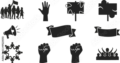 Black protest icons including fists, megaphone and banners isolated on transparent background