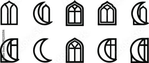 Vector set of black outlined window and crescent moon icons on white background