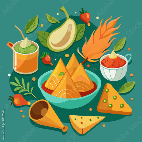Ramadan Iftar Food Illustration with Samosa, Juice and Dates