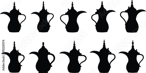 Set of black silhouette Arabic coffee pots isolated on transparent background