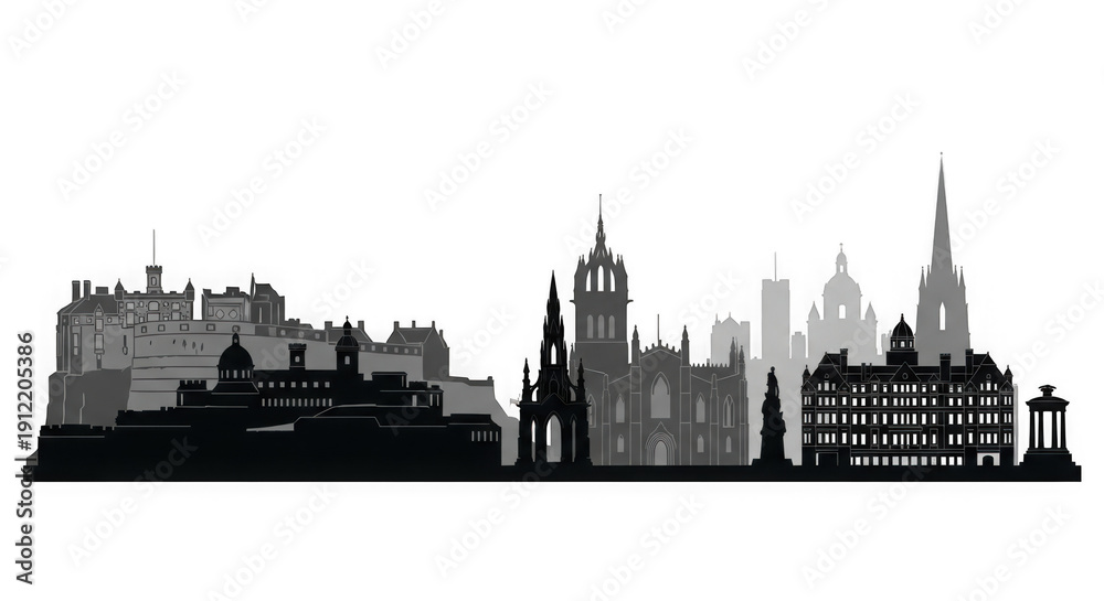 Fototapeta premium Edinburgh city skyline with famous buildings and churches in Scotland gray silhouette transparent background