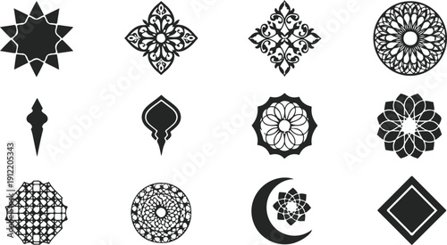 Collection of 12 black and white mandala designs, isolated on transparent background