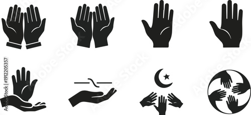 Black vector hand icons set with various gestures on white background