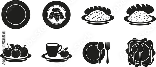 Black and white vector icons of various dining utensils and food items isolated on transparent background