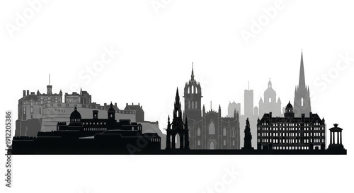 Edinburgh city skyline with famous buildings and churches in Scotland  gray silhouette transparent background