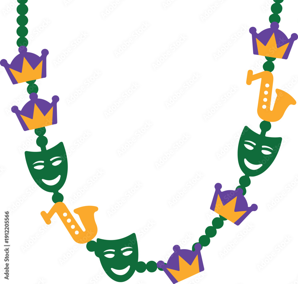 Obraz premium Mardi Gras beads with crowns masks and saxophones necklace