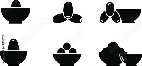 Six black vector icons of mortars and pestles with various contents isolated on transparent background
