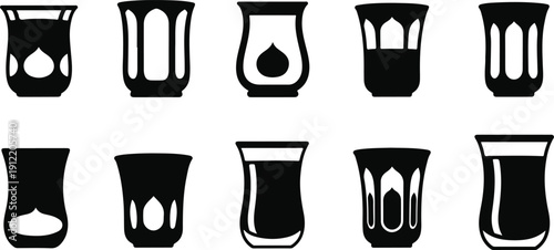 Set of black and white vector beakers with varying liquid levels isolated on transparent background
