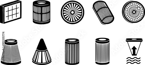 Air filter icons set. Collection of different air filter designs for various filtration needs
