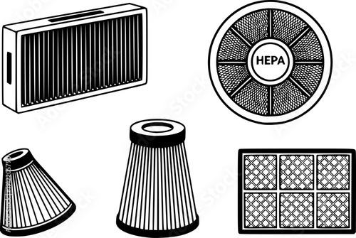 Air filter icons set. Collection of different air filter designs for various filtration needs
