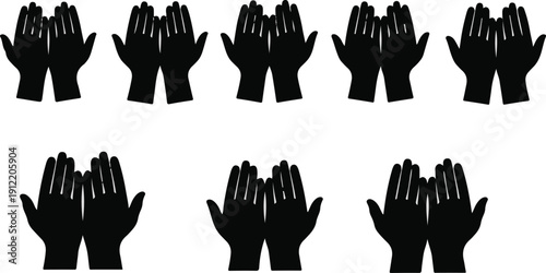 Set of black raised hands silhouettes isolated on transparent background