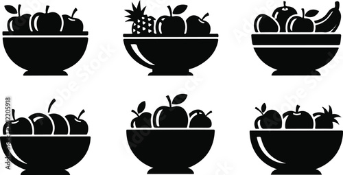Six black silhouette bowls filled with various fruits including apples, pineapple, and pears isolated on transparent background