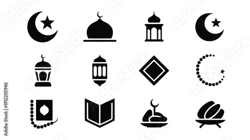 Ramadan kareem icons set including mosque crescent moon lantern and islamic symbols on white background for holy month of ramadan