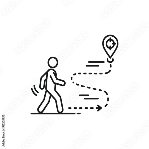 Simple line icon depicts a stylized person moving forward along an indicated route toward a target marked location.