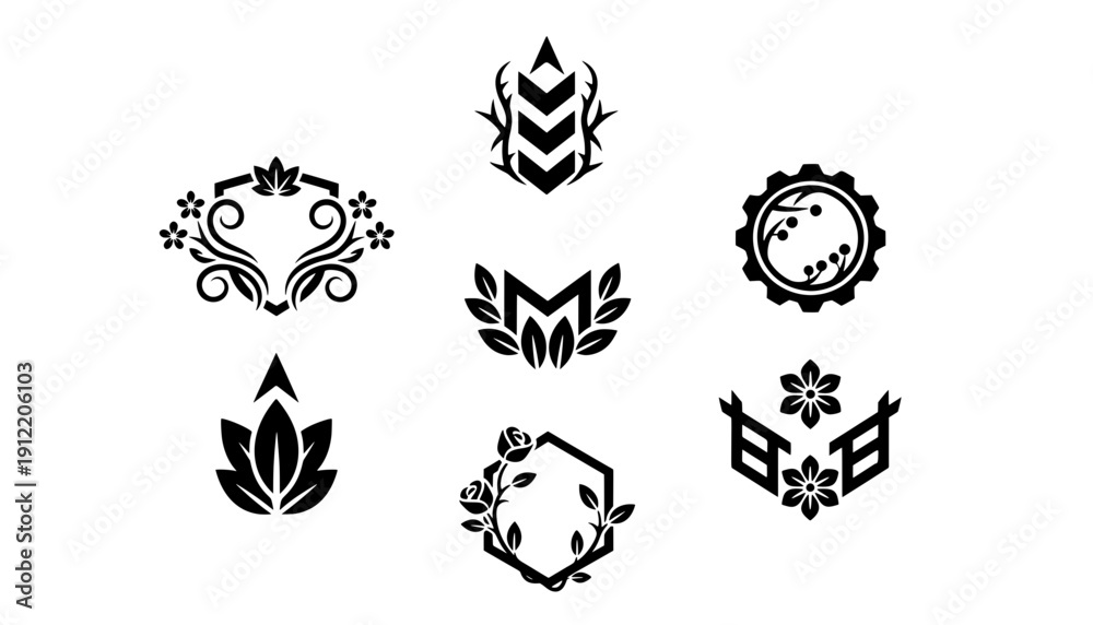 Fototapeta premium Collection of seven black vector icons including shields gears floral wreaths and banners suitable for nature branding and corporate identity