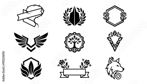 Set of nine creative black vector icons including wolf head shields gears wings and floral banners for modern branding identity and logo design
