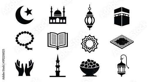 Islamic symbols and icons set including crescent moon mosque kaaba lanterns prayer beads holy book and more on white background