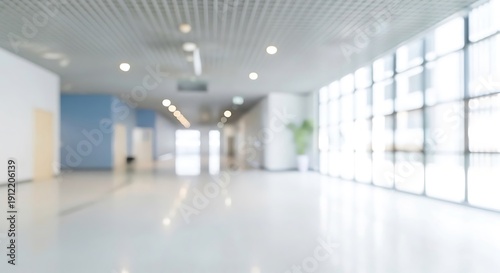 empty office building corridor with windows and doors