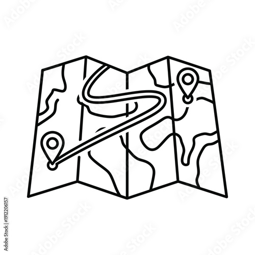 Folded paper travel map displays a winding route marked by two location pins indicating start and destination points.