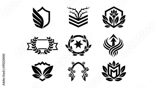 Collection of nine black vector heraldic emblems including shields floral wreaths wings and ribbons suitable for luxury branding and crest design