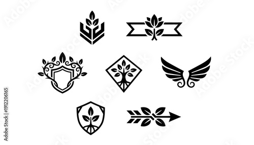 Set of seven creative black vector icons including nature shields gears and rockets suitable for modern corporate branding identity and logo templates